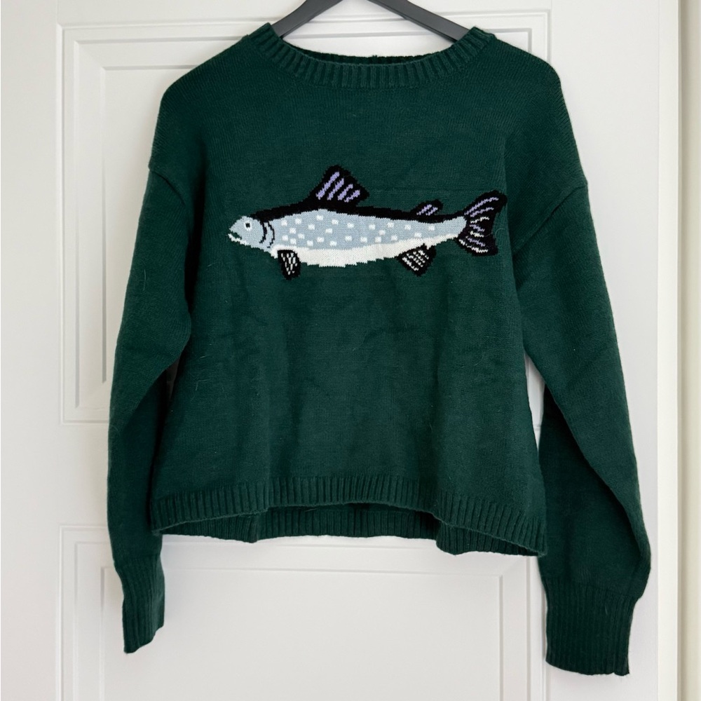 Source Unknown Dark Green Fish Intarsia Crewneck Sweater